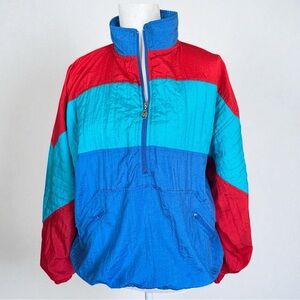 Vintage 80s 90s Colorblock Red Blue Teal Pullover Half Zip Windbreaker Size L